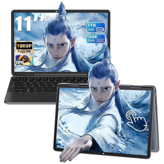 Fsjun 11" Pink Mini 2-in-1 Touchscreen Laptop, Intel N100, 16GB DDR4 RAM, 1TB SSD, Win 11 Pro + Office 2019, Backlit Keyboard, Facial Recognition, USB-C, Portable Laptop