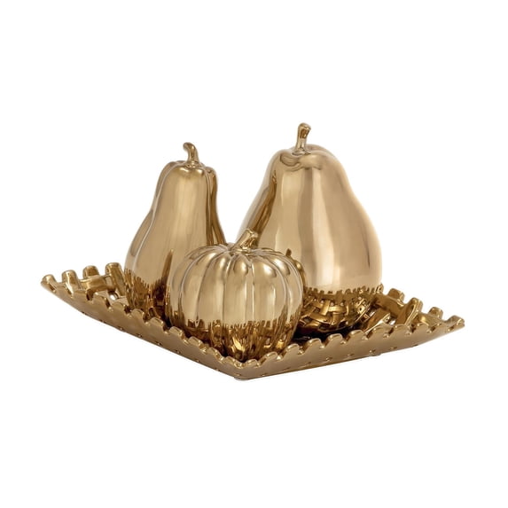 11"W, 9"H Gold Ceramic Pear, Pumpkin, and Squash Fruit Sculpture with Decorative Grid Plate, by DecMode (4 Count)