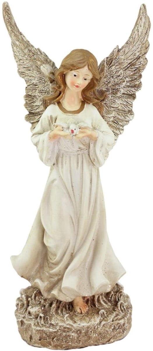 11" White Serene Angel with Dove Outdoor Patio Garden Statue