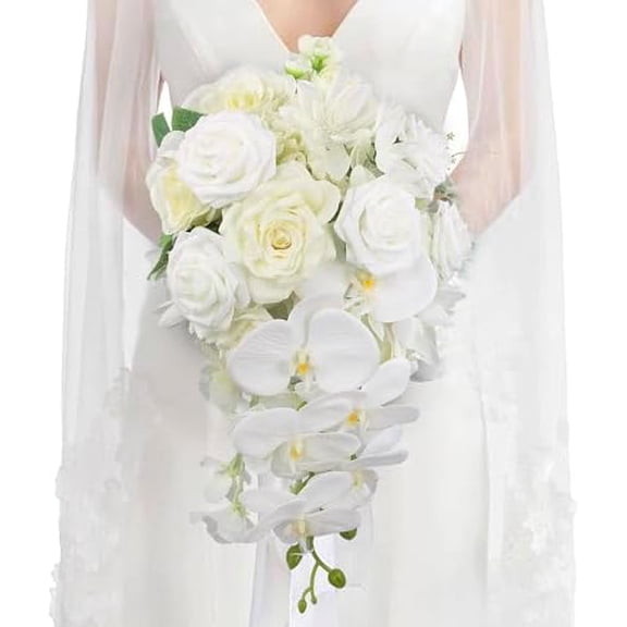 11" Wide White Orchid Cascading Wedding Bouquet - Real Touch Silk Cascade Bridal Bouquet