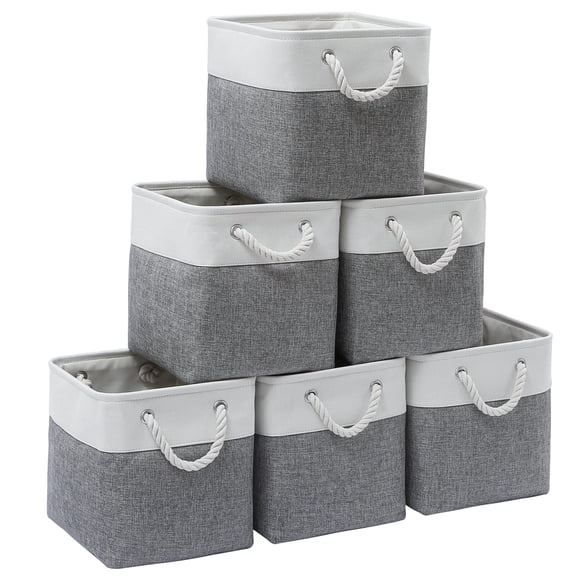 11 X 11 Inch Storcubes 6 Pack Large Collapsible Fabric Bin With Ropes Foldable For Home Office Closet Clothess Organizer (white&gray)