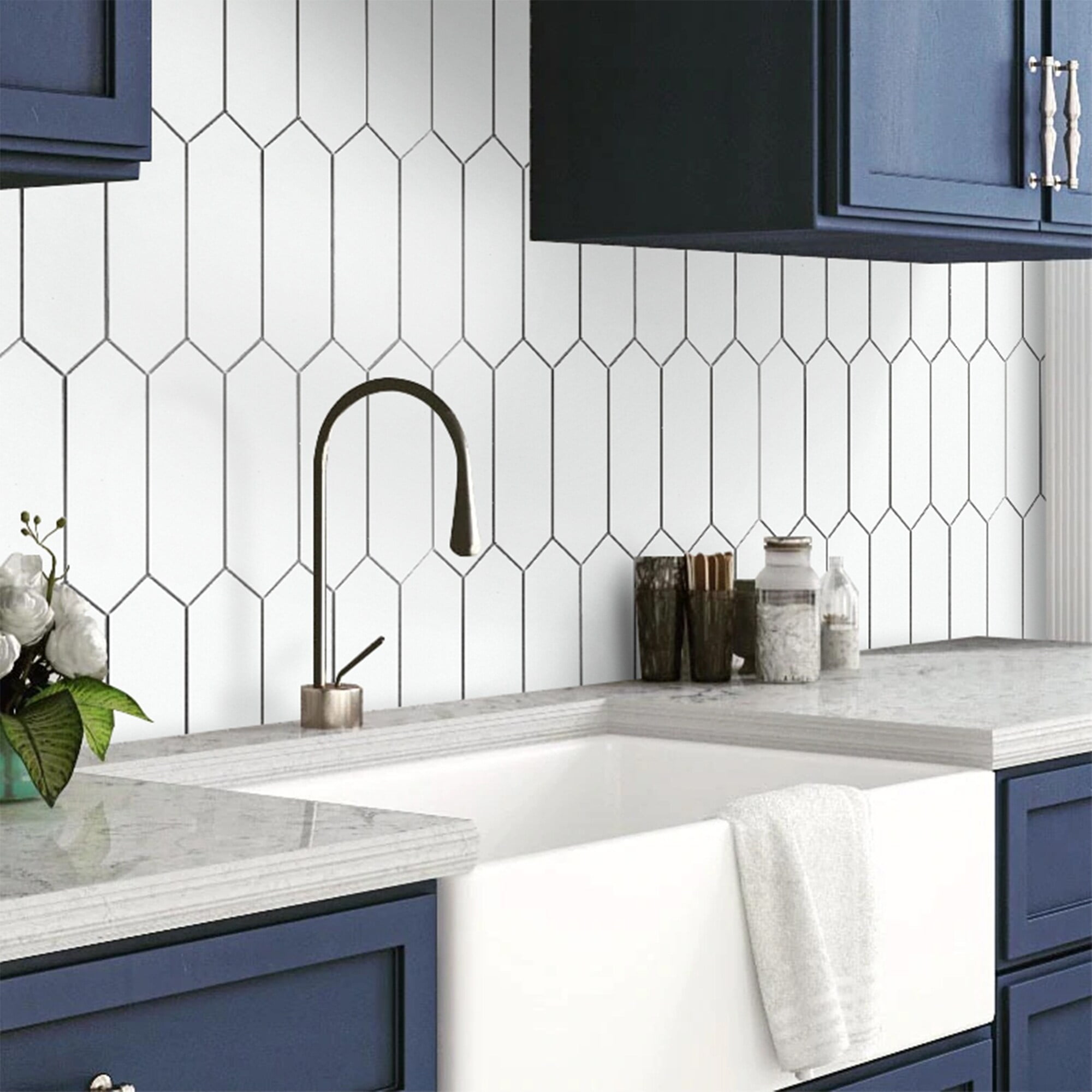 12" x 11" White Stone Composite Hexagonal Peel and Stick Mosaic Tile