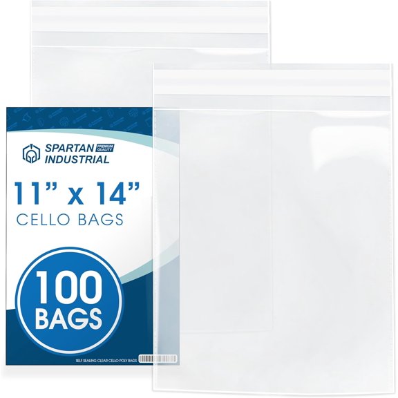 11" X 14" Self-Sealing Cellophane Bags (100 Count) Clear Poly Packaging for Clothing, Prints, Photos, Documents - Reinforced Resealable Cello Bags for Small Business Shipping -