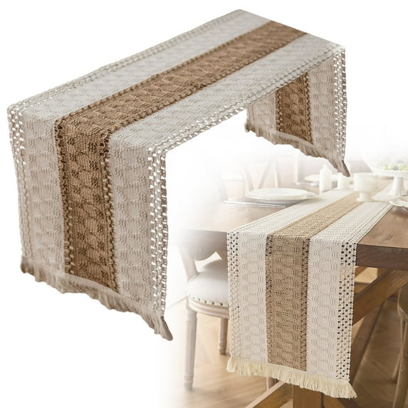 11 X 55 Inch Farmhouse Style Cotton Linen Table Runner With Handmade Fringed Rustic Jute Burlap Table Runners 55 Inches Long For Dining Room Dresser Decor,A