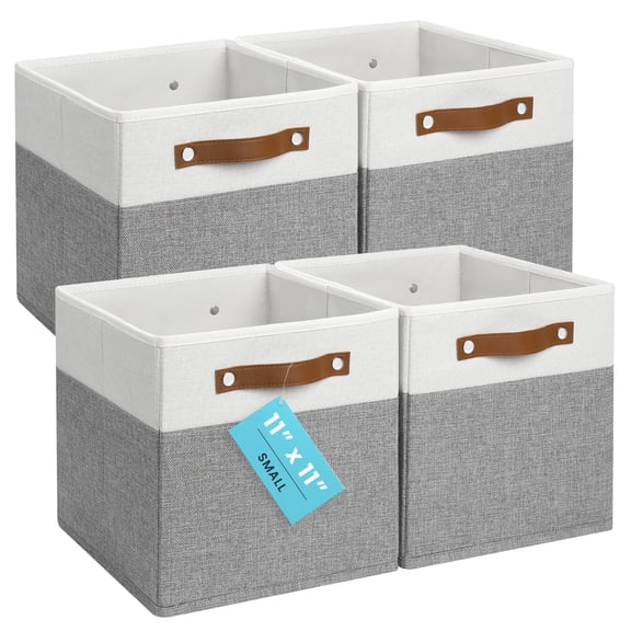 11" X Fabric Cube Storage Bins Set Of 4 Foldable Collapsible Canvas For Organizer 11 Inch Cubbies Kallax Linen Shelf Baskets - Grey/white