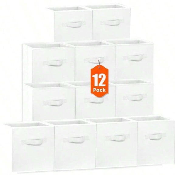11"X11"X11" 12-Pack Foldable Storage Bins Collapsible Closet & Toy Organization Boxes Space Saving Fabric Cubes For Shelves Beige