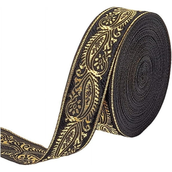 11 Yard Black Vintage Jacquard Ribbon Ethnic Style Floral Woven Trim 1 inch Jacquard Gold Vine on Ribbon Trim for DIY Sewing Crafting Home Decor Gift Wrapping hat Bands Black