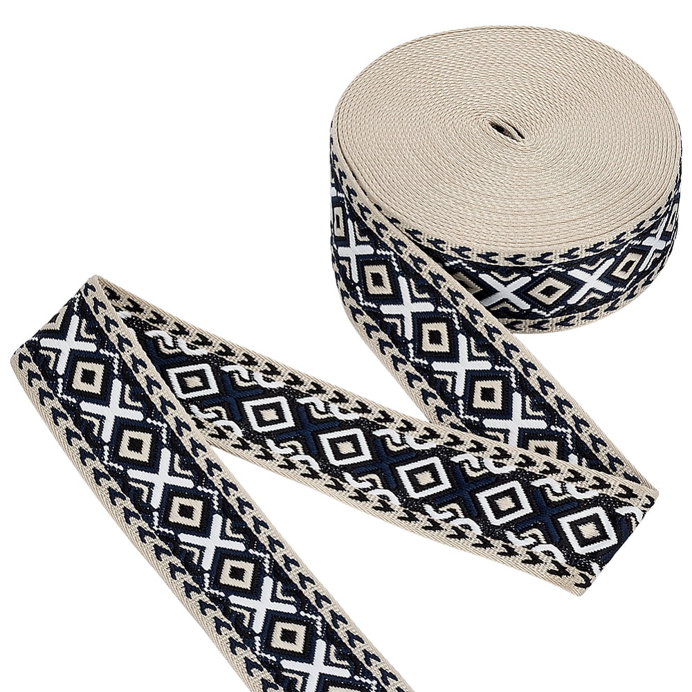 11 Yards/10.06m Rhombus Jacquard Ribbon 5cm/2Inch Wide Black Vintage Geometric Trim Ethnic Style Polyester Webbing Strap DIY