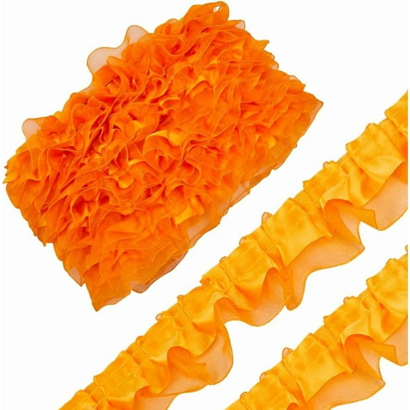 11 Yards 2-Layer Satin Organza Lace Edge Trim Pleated Ruffle Chiffon Ribbon Gathered Edging Trimmings Fabric for Cloth Dress Sewing Embroidered Applique Wedding Party Decor Orange