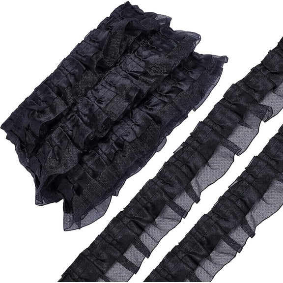 11 Yards 2-Layer Satin Organza Lace Ribbon Pleated Lace Edge Trim 1-5/8 Inch Black Ruffle Chiffon Edging Trimmings Tulle Fabric for Cloth Applique Embellishment DIY Sewing Crafts Black