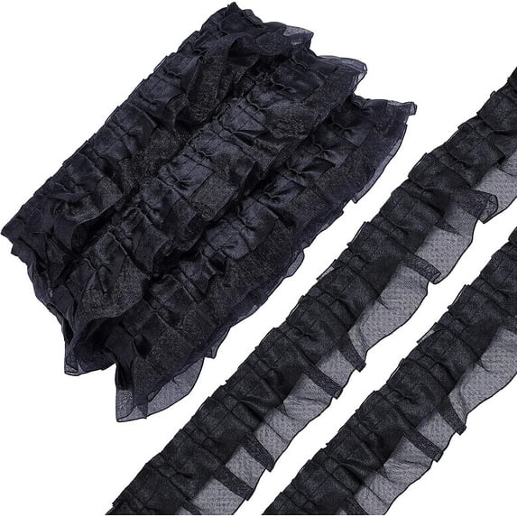 11 Yards 2-Layer Satin Organza Lace Ribbon Pleated Lace Edge Trim 1-5/8 Inch Black Ruffle Chiffon Edging Trimmings Tulle Fabric for Cloth Applique Embellishment DIY Sewing Crafts Black