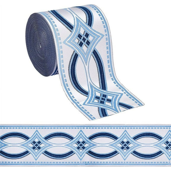 11 Yards Drapery Trim Jacquard Ribbon Blue Ethnic Style Jacquard Ribbon 3-1/2Inch(90mm) Wide Polyester Rhombus Curtain Trim Tape for Your Drapes Curtains Drapery Banding Trim Tape DIY