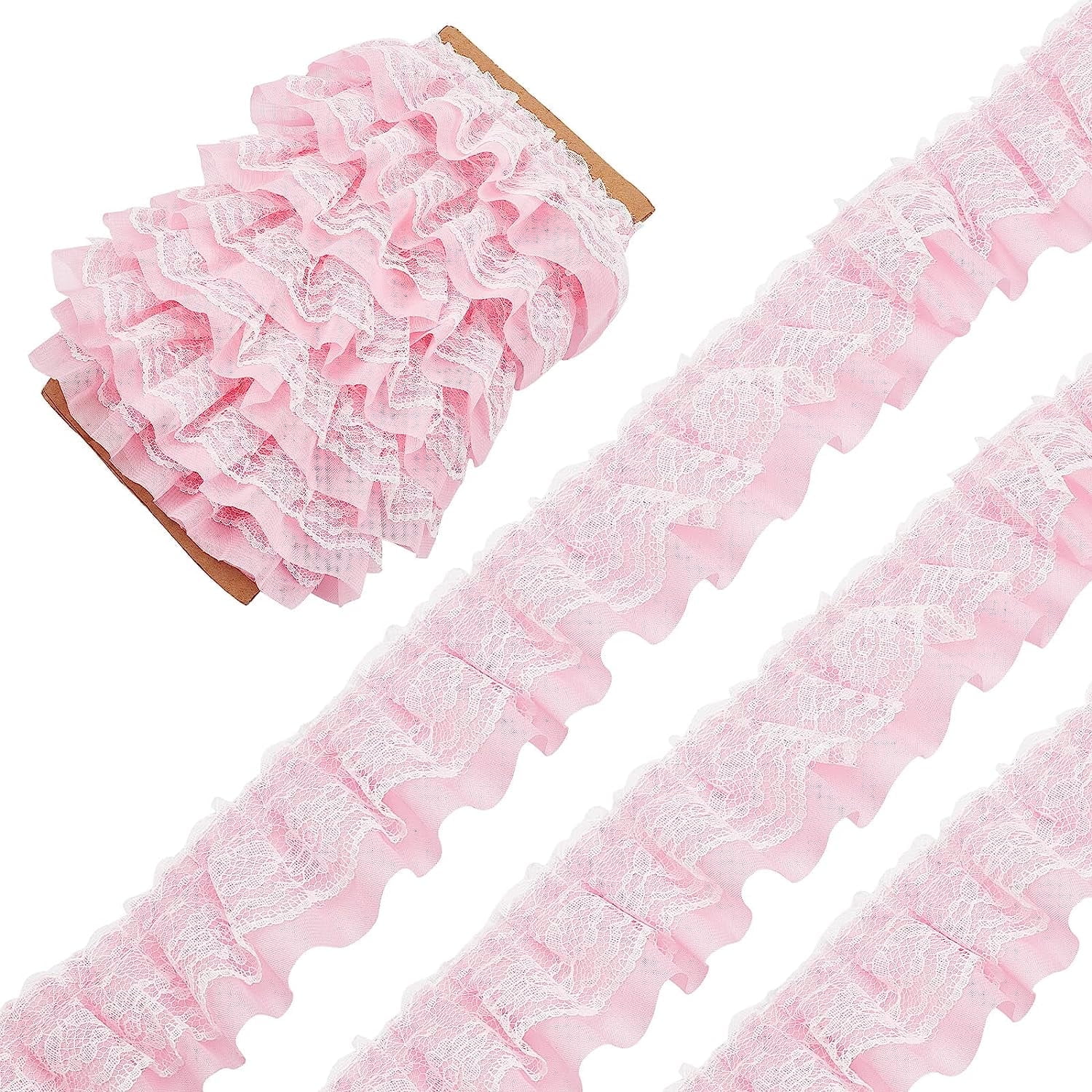 11 Yards Pink Double-Layer Pleated Chiffon Lace Trim 5cm Wide 2-Layer ...