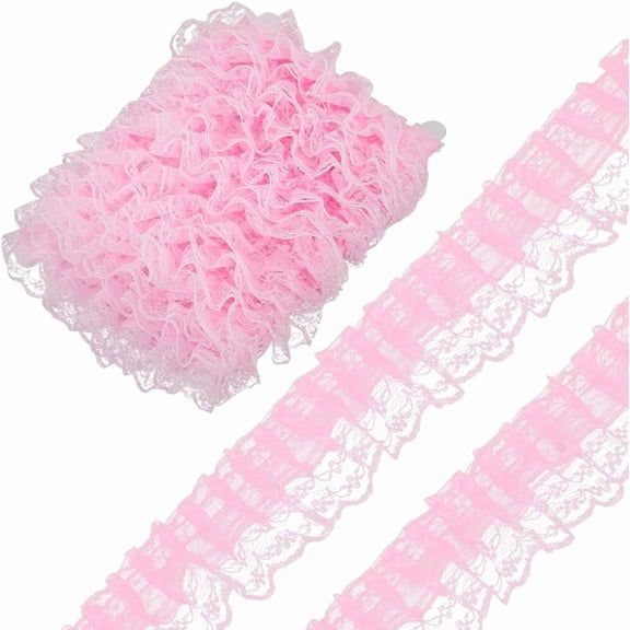 11 Yards Pink Ruffle Pleated Lace Trim Double Layer Ruffled Edge Tulle Ribbon Gathered Embroidered Fabric Applique Trimming Bulk