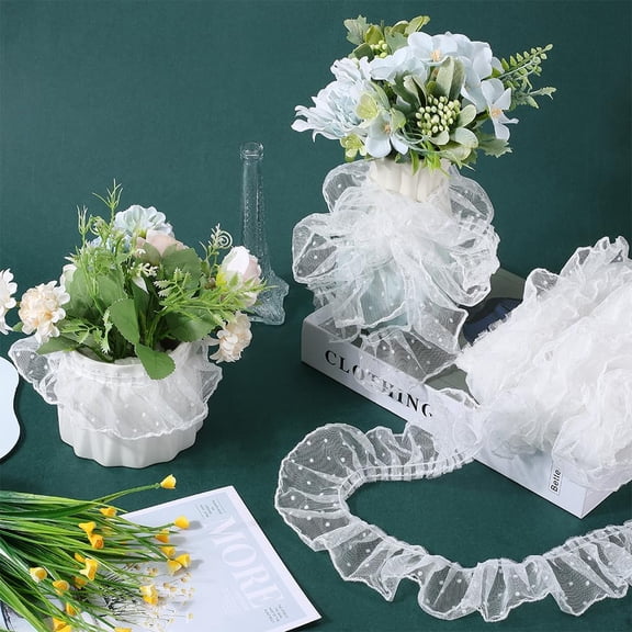 11 Yards Ruffled Lace Trim 2.4 Inch Wide Pleated Embroidered Organza Lace Edge Ribbon Fabric Polka Dot Wedding Bridal Dress Edging Trimming for Tutu Skirt DIY Sewing Clothes Curtains White