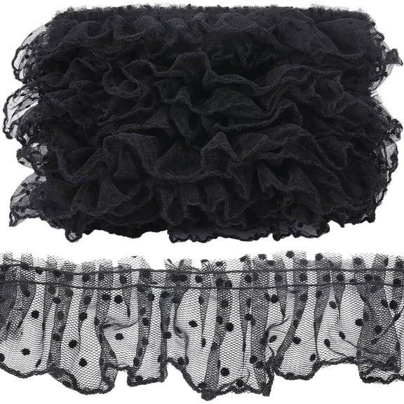 11 Yards Ruffled Lace Trim 2.4 Inch Wide Wavelet Dot Pleated Embroidered Mesh Lace Edge Ribbon Fabric Wedding Dress Appliques Edging Trimmings for Handmade DIY Sewing Clothes Curtain, Black