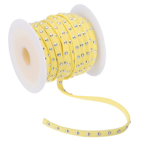 11 Yards Studded Faux Suede Cord Rope for Jewelry Making 5mm Micro Fibre Flat Leather Lace Beading String Ribbon with Rivets, Yellow Silver