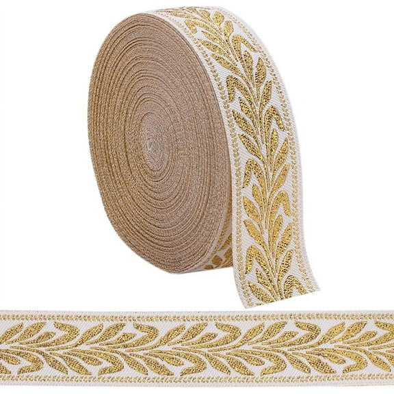 11 Yards x 1 Inch Jacquard Ribbon Metallic Gold Ethnic Style Boho Embroidered Woven Roll Double Side Leaf Fabric Sewing Webbing Trim Fringe for DIY Crafts Gift Wrapping Home Curtain Decor Gold