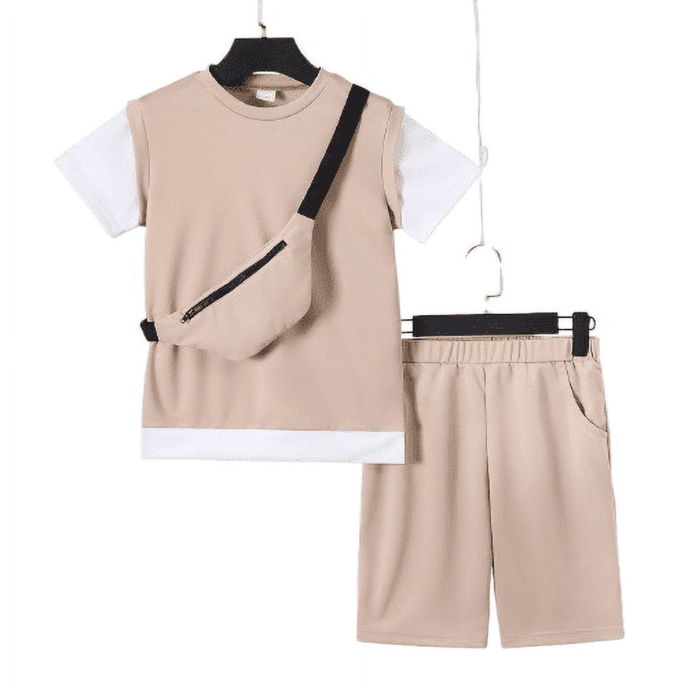 11 Years Big Boys Clothes 12 Years Kid Boys 2PCS Summer Outfits Set Fake Two Pieces Short Sleeve Top Shorts Set with Bag Khaki