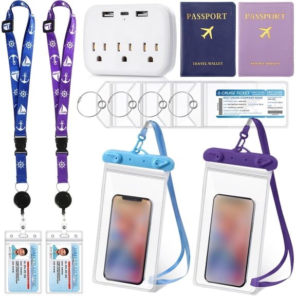 11 count Cruise Accessories Kit 2 Cruise Lanyards for Ship Cards 4  Luggage Tag Holder with  Loop 2 Passport Holder 2  Phone Bags 1 Power Strip(Classic Color)