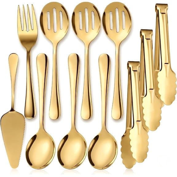 11 count Stainless Steel Serving Utensils, 8.7''Serving Spoons,8.7''Slotted Spoons, Serving Fork, 9'' Serving Tongs,Cake Server,Hostess Serving Set for Chafing Dish Buffet Catering Parties