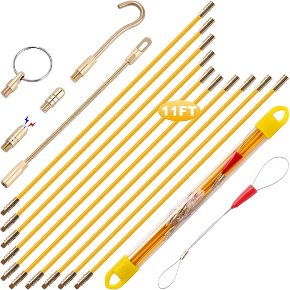 11 foot fiberglass running electrical wire cable fish line tool set, with 5 different attachments and fish line tools, with portable case