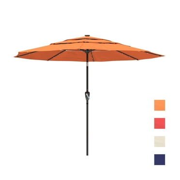 11 ft Solar Umbrella 32 LED Lighted 3 Tiers Patio Umbrella Table Market Umbrella with Tilt and Crank Outdoor Umbrella for Garden