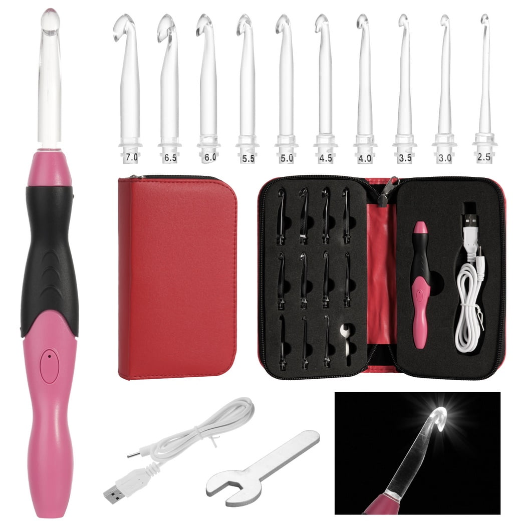 11-in-1 Crochet Hook with Light, Illuminating Crochet Hooks Set with Storage Bag, Knitting Needles Kit, Ergonomic Handle Crochet Hook with LED Light for Beginners, Professionals, 2.5mm-8mm