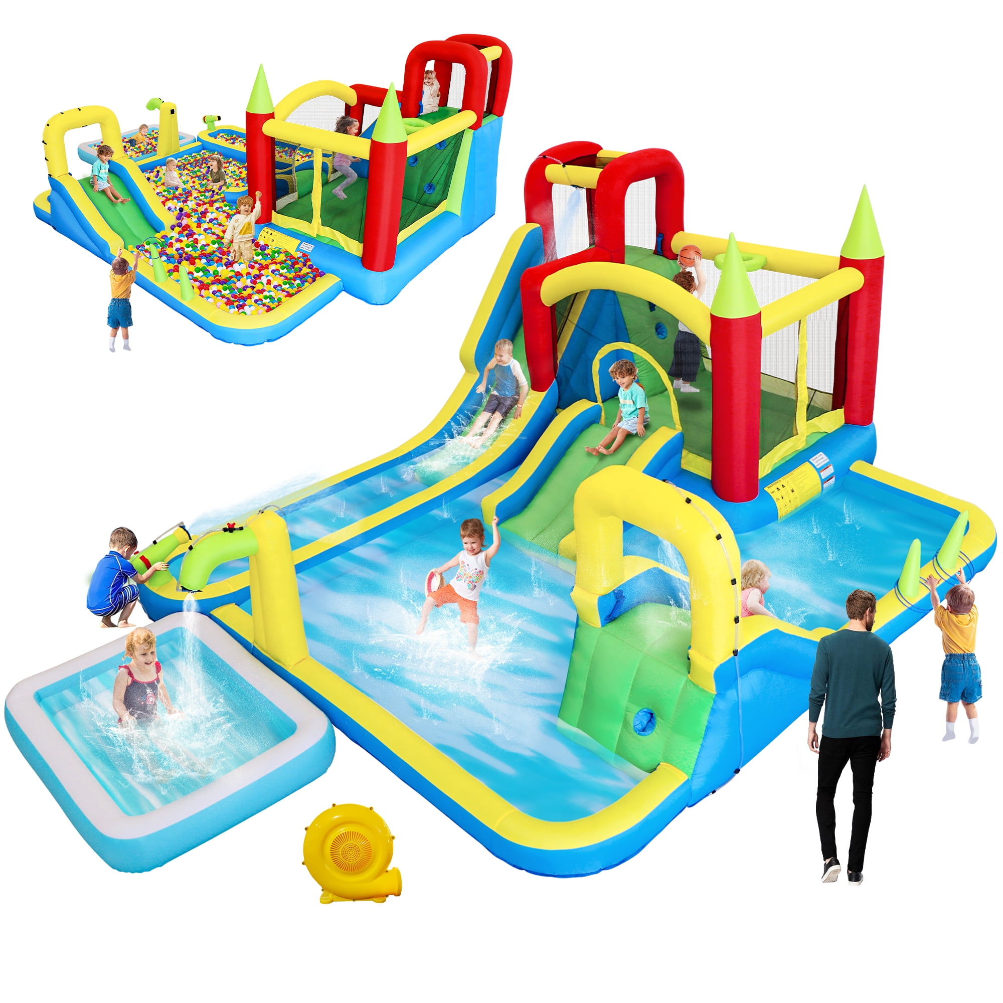11-in-1 Inflatable Water Park Bounce Castle, Wet & Dry Slide with Pool, Water Gun, Trampoline, Climbing Wall, Basketball Hoop & Ring Toss, Indoor Outdoor Kids Play for Backyard Party
