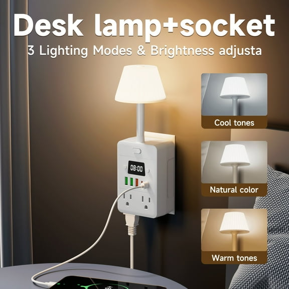 11-in-1 Multi-Function Power Strip with Clock & Light - 4 AC Outlets, 3 USB-A & 2 USB-C Ports, Overload Protection - for Home, Office, Dorm, Travel (High Temp Resistant, On/Off Switch)