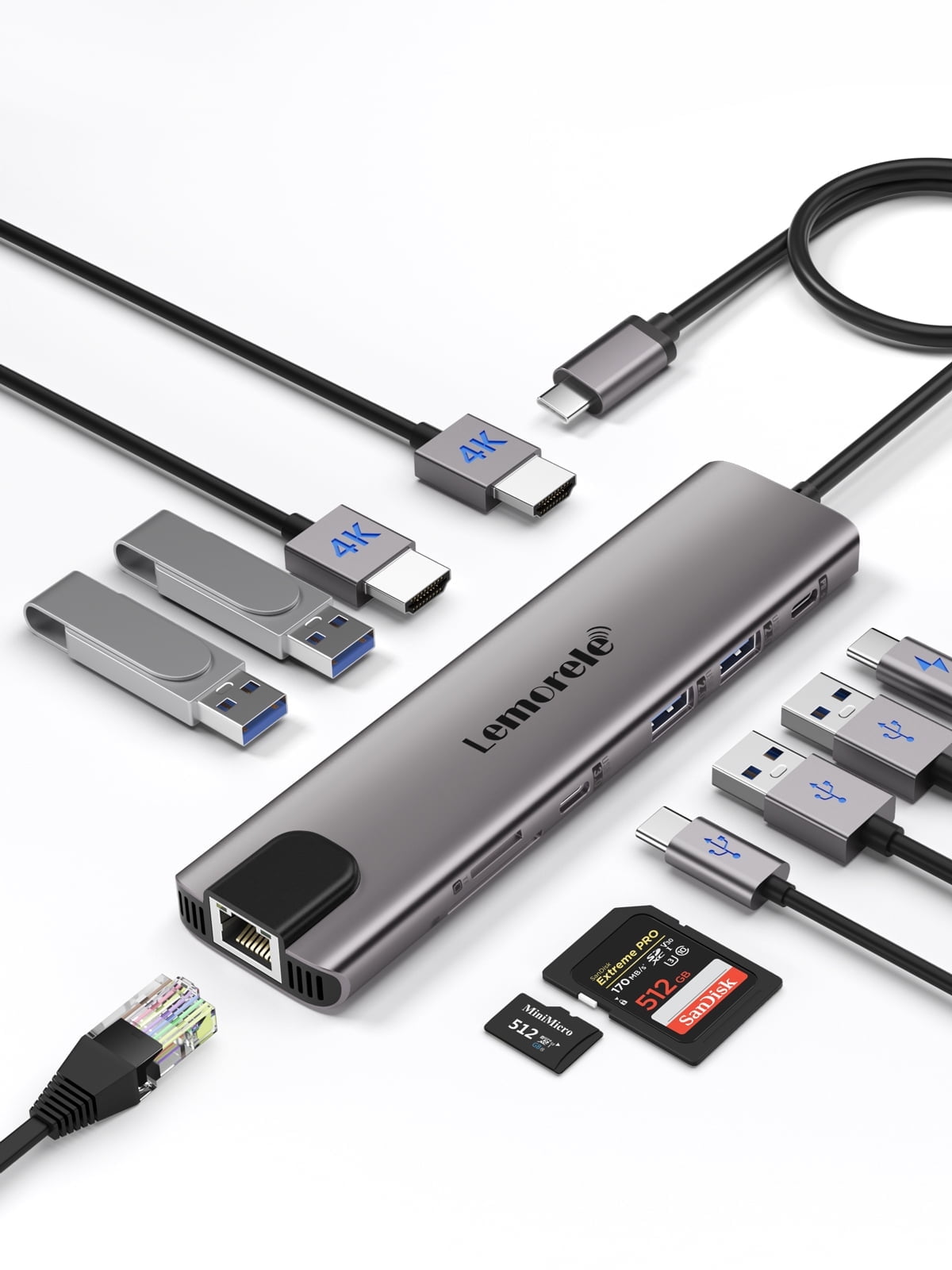 11 in 1 Multi-Port Hub, Docking Station, 100W PD Charging, Dual 4K HDMI, Gigabit Ethernet Adapter, Lemorele USB-C Hub for Laptop/Mac/Switch