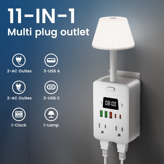 11-in-1 Multifunctional Power Strip, Clock & Desk Lamp, 4 Outlets, 3 USB-A, 2 USB-C, Overload Protection, Wall-Mountable Charging Station