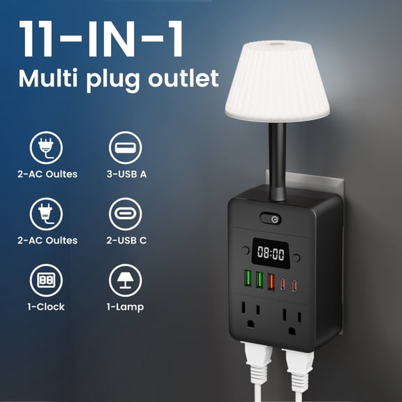 11-in-1 Multifunctional Power Strip. Lamp, Clock, 4 Outlets, 3 USB - A, 2 USB - C. Overload Protection. Wall - mountable Desktop Charging Station. For School/Home/Office. White or Black
