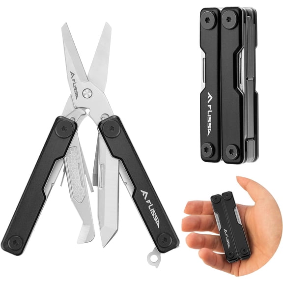 11-in-1 Multitool Scissors with Knife, Foldable Mini Multitool, Stainless Steel Scissors with Aluminum Handles, Spring - EDC for Camping, Hiking, Fishing, Emergency, Black