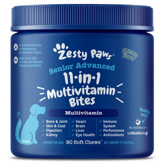 Zesty Paws Advanced 11-in-1 Multifunctional Bites Overall Wellbeing Multivitamin SoftChew for Dog, Chicken Flavor, 90 Count