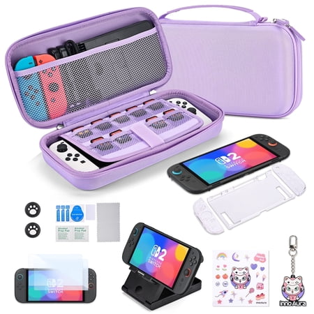 Switch 2 Carrying Case for NS Switch 2 (2025), 10 in 1 Switch 2 Accessories Bundle Includes Screen Protector Adjustable Stand & More-Purple