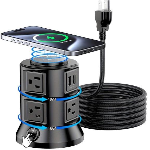 11-in-1 Power Strip Tower with 15W Extension Cord, Multiple Outlets, Surge Protector, and Charging Station Featuring 6 AC Outlets and 4 USB Ports (Including 2 USB-C) for Home and Office Use