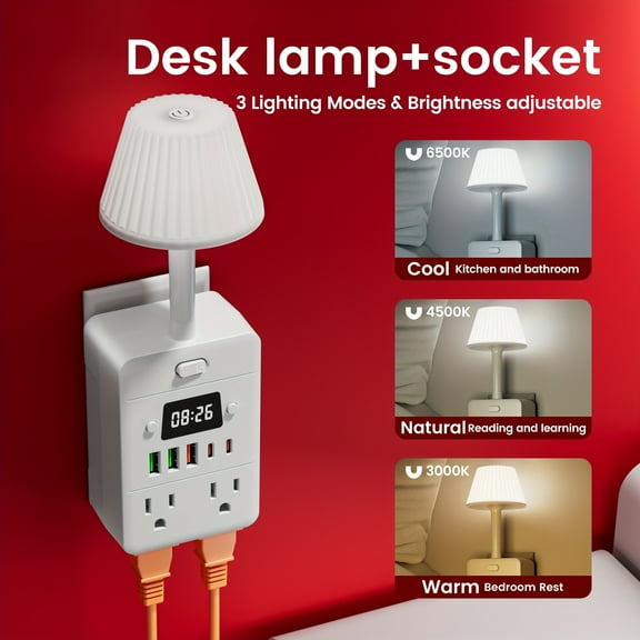 11-in-1 Smart Power Strip w/ Digital Clock, Desk Lamp, 4 AC, 3 USB-A, 2 USB-C. Surge Protector for Home, Office, Dorm