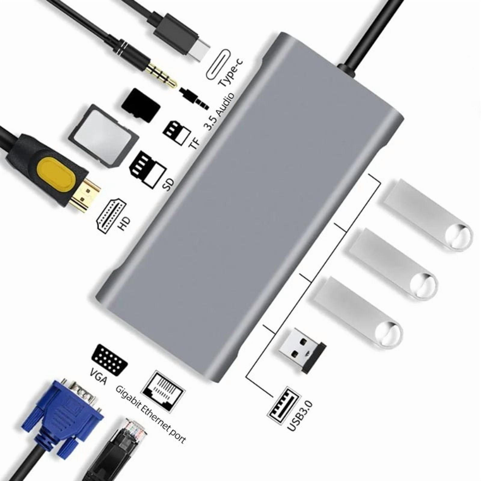11-in-1 USB 3.0 Hub, Type-C to USB Adapter Splitter, VGA Card Reader, Multi-port USB Docking Station for MacBook, Laptop, Notebook