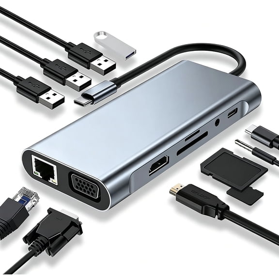 11-in-1 USB-C Hub Adapter with 4K HDTV, USB C Adapter, VGA, Type C PD, USB3.0, RJ45 Ethernet, SD/TF Card Reader, 3.5mm AUX, Docking Station Compatible with MacBook Pro/Air,Other Type C Laptops