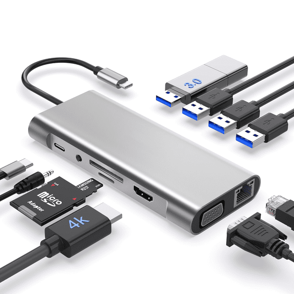 11-in-1 USB C Hub Multiport Adapter USB C Docking Station with 4K HDMI-compatible,VGA 1080P,100W PD, Ethernet,SD/TF,Audio,USB-A