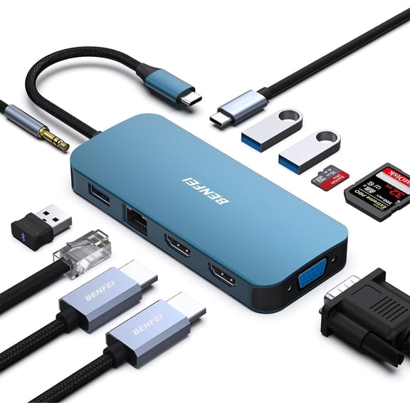 11-in-1 USB C Hub Triple Display Docking Station Dual HDMI, VGA, 3*USB 3.0, 1Gbps Ethernet, 100W Power Delivery, SD/TF Card Reader, 3.5mm AUX Audio Compatible with MacBook XPS Surface