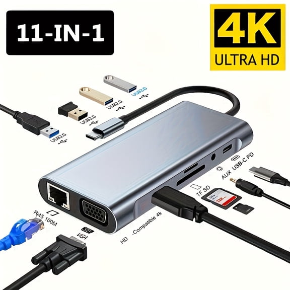 11-in-1 USB-C Hub with 4K HDMI, PD Charging, Gigabit Ethernet, Audio, SD/TF Card Reader for MacBook, Windows Laptops