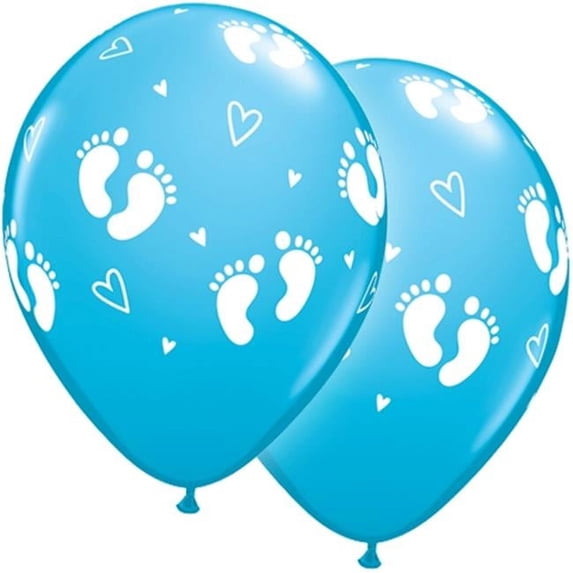11 in. Baby Footprints & Hearts Robins Egg Blue with White Ink Balloon - 50 per Bag