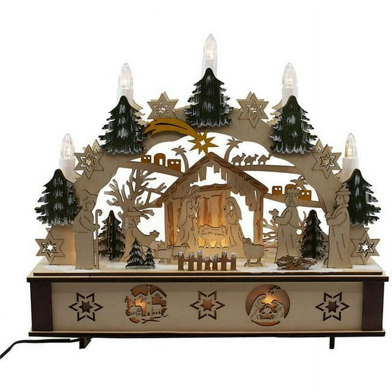 11 in. Battery-Operated Light-Up Wooden Nativity Scene with Candles