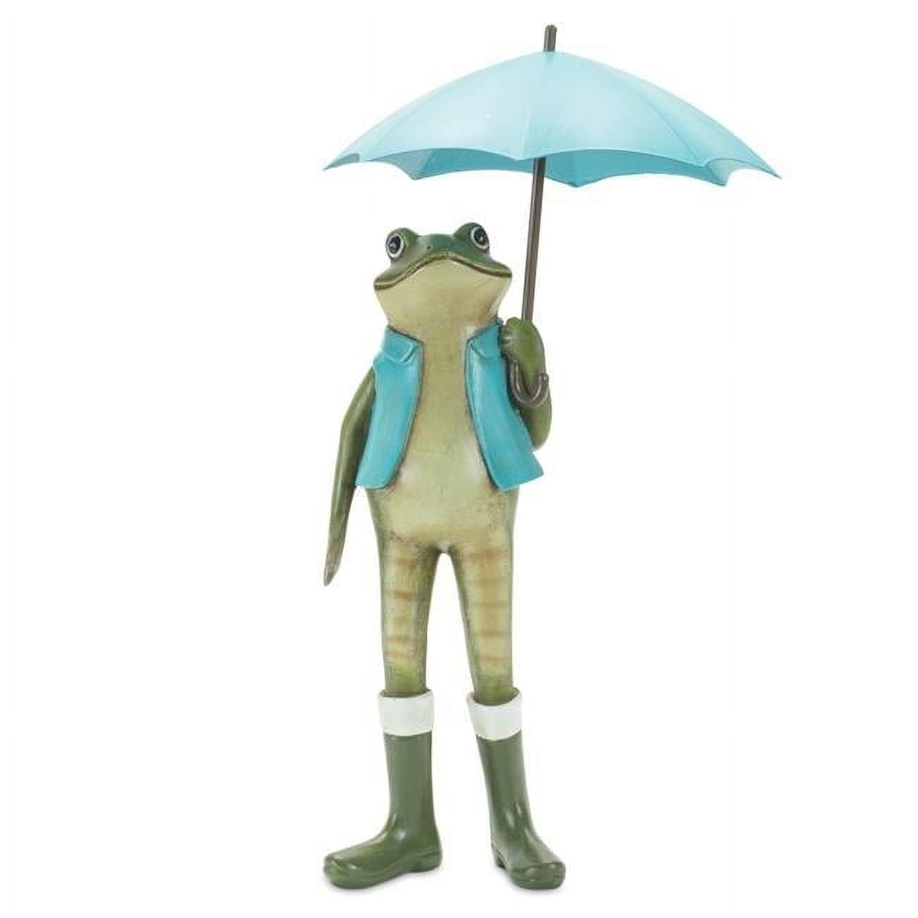 11" Green and Blue Resin Frog Figurine with Umbrella