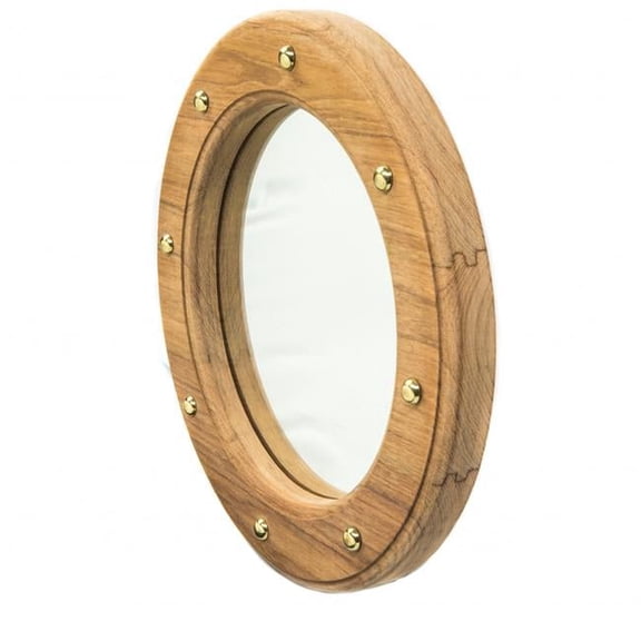 11 in. Round Wall Mounted Teak Wood Mirror with Nautical Rivets, Brown