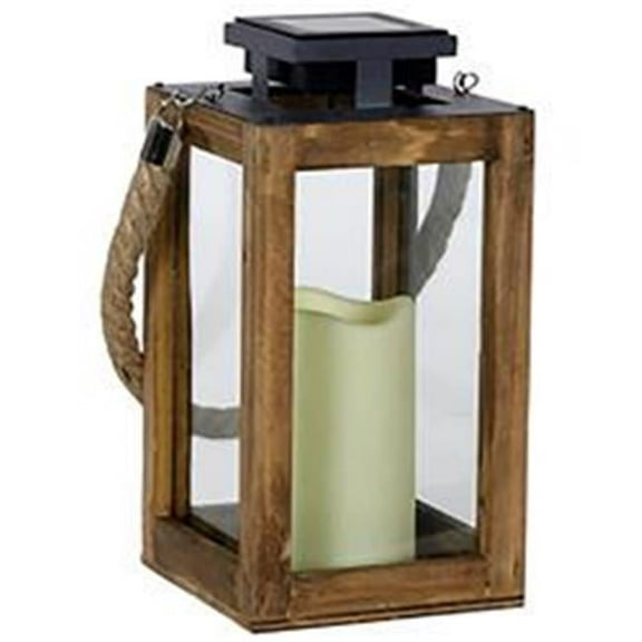 11 in. Solar Power Glass & Wood Solar Lantern with Candle, Black & Brown - Pack of 4