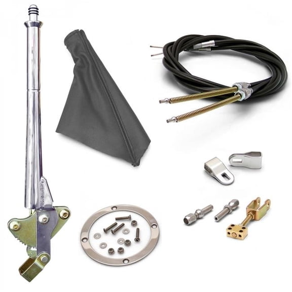 11 in. Transmission Mount E-Brake Handle Grey Boot, Chrome Ring & Cable Kit for GM Clevis