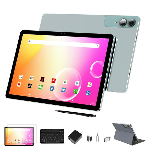 11 inch 2K Tablet with Keyboard Android 14 2000x1200 FHD IPS Display Tablets PC, Octa Core, 18GB RAM(6+12G)+128GB ROM(1TB TF), 5+5+13MP Camera, 9000mAh Battery, Surpport WiFi, GPS - Green